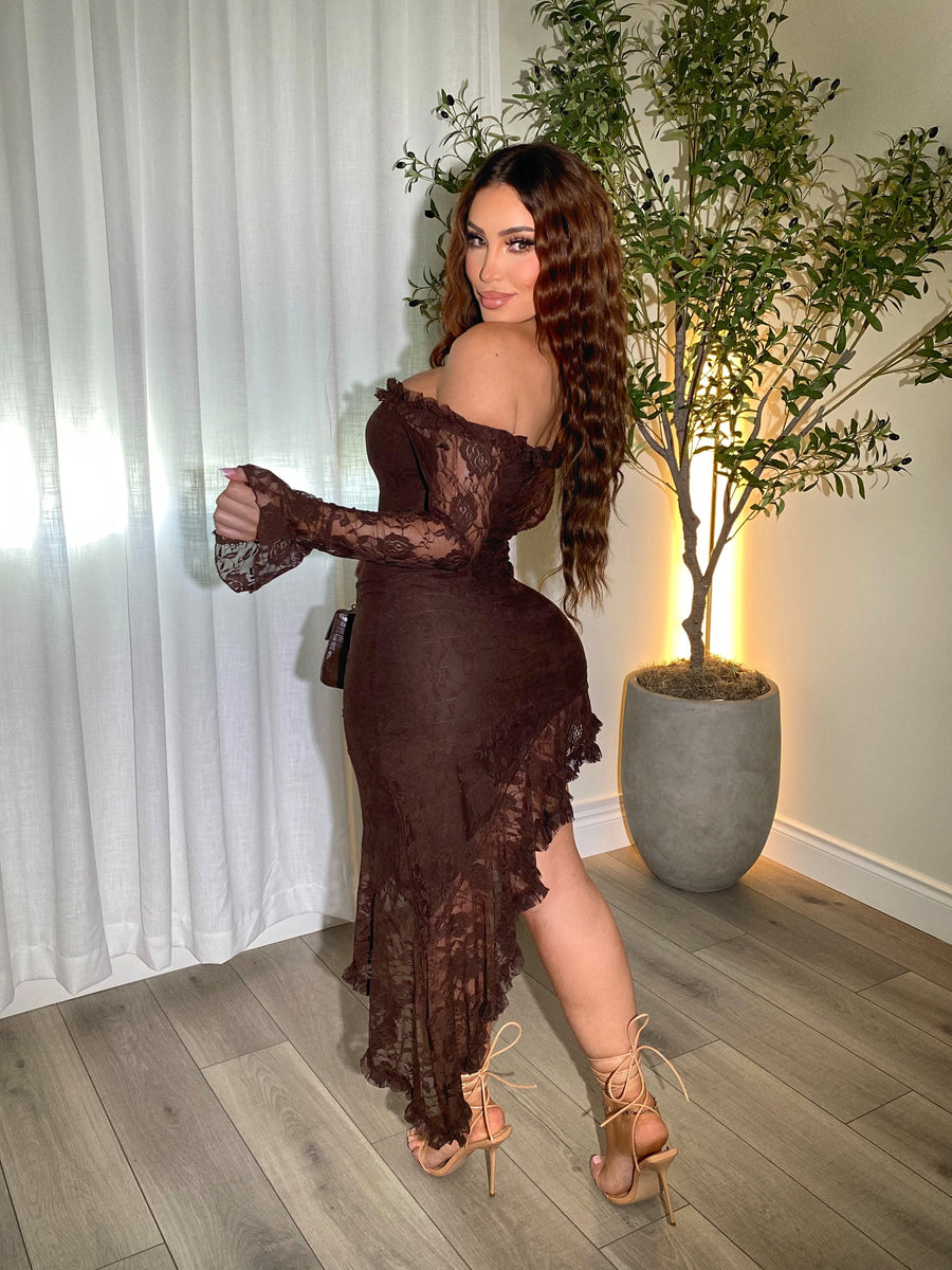 knee length dresses for ladies Midnight Lace Brown Dress– Goldendivinityboutique
