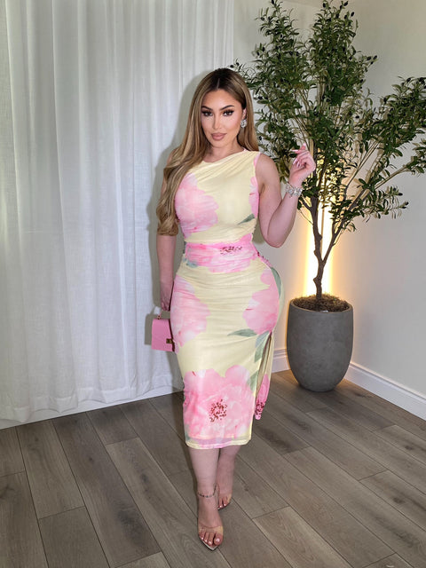 Peony Pink Yellow Midi Dress