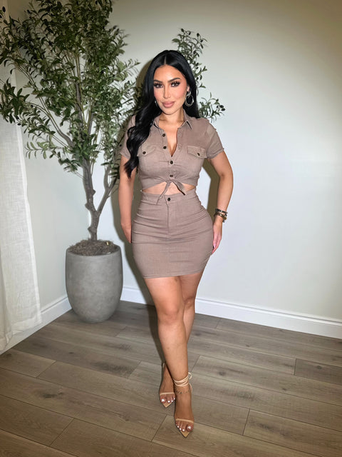 Tie-Front Bodycon Mocha Dress