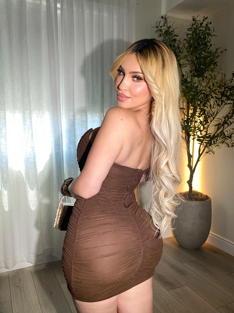 Glam Ruched Brown Mini Dress