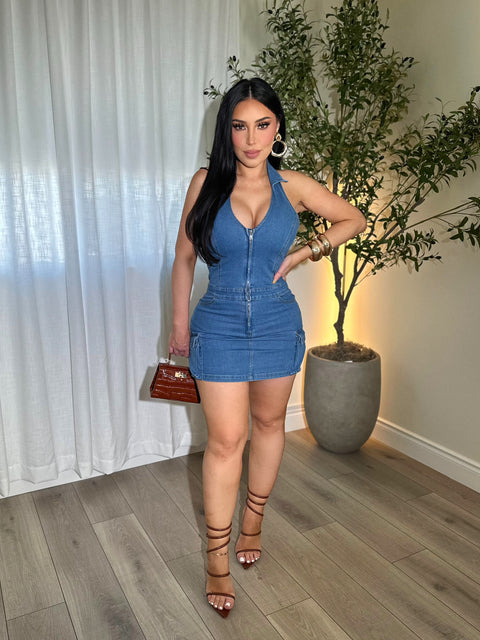 Halter Mini Denim Dress