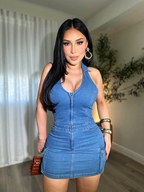 Halter Mini Denim Dress