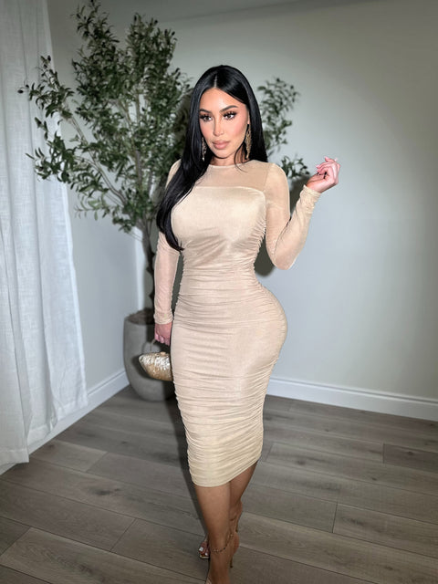 Gathering Ruched Taupe Dress
