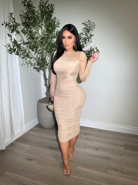 Gathering Ruched Taupe Dress