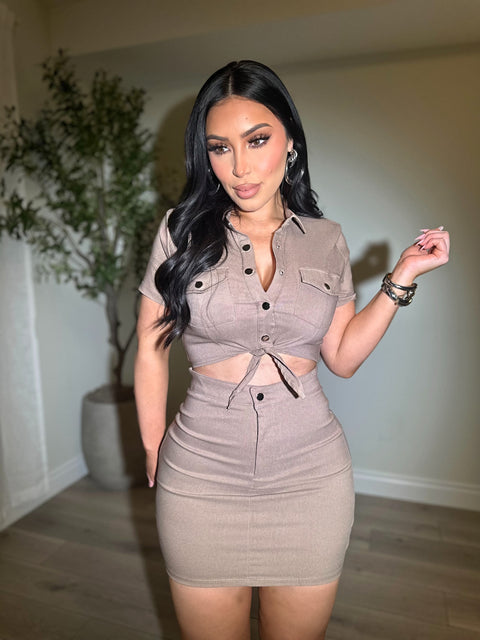 Tie-Front Bodycon Mocha Dress