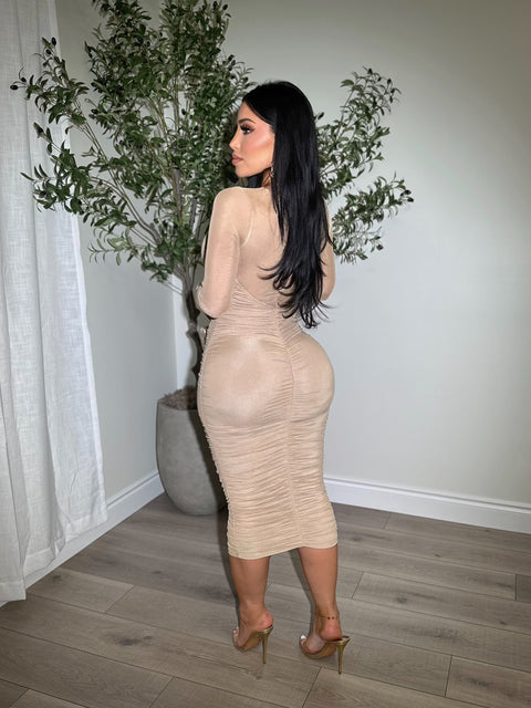 Gathering Ruched Taupe Dress