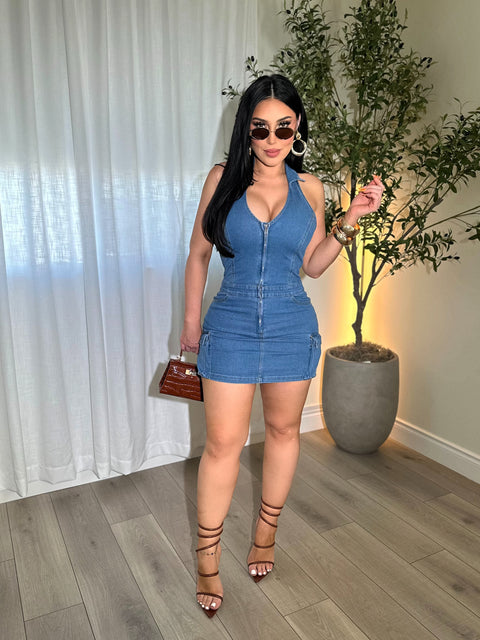 Halter Mini Denim Dress
